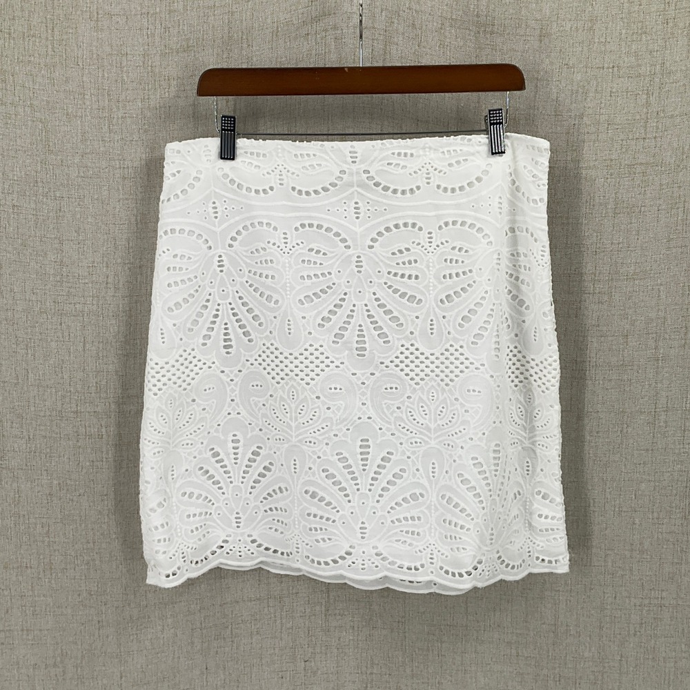 Talbots Eyelet Skirt Womens 12 White Scalloped Boho Cottagecore Embroidered